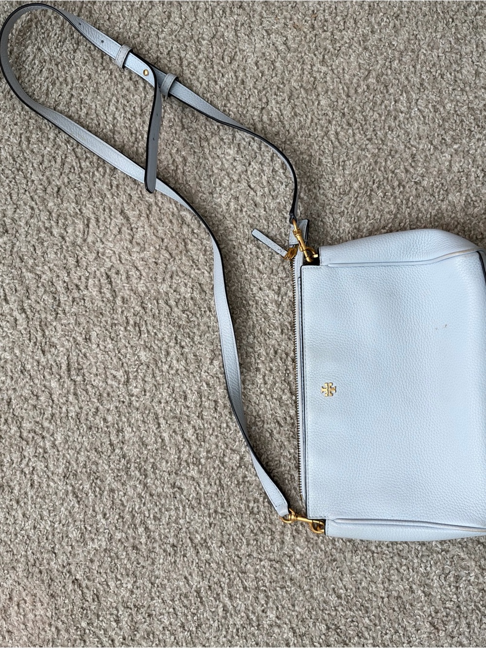 Tory Burch Light Blue Pebbled Leather Crossbody with Gold Hardware